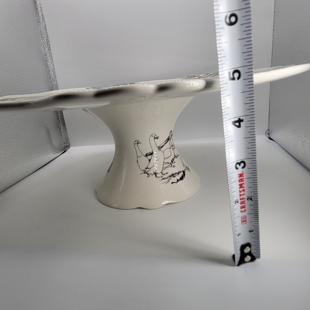 Barnyard Toile Cake Stand Plate Andrea by Sadek 13" Diameter Rooster Goose Hen - Picture 8 of 12